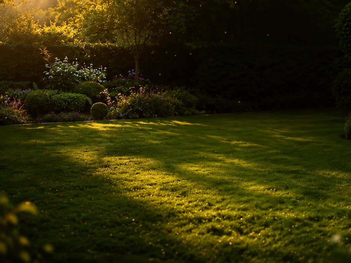 Flowering borders and a freshly mown lawn in golden evening light