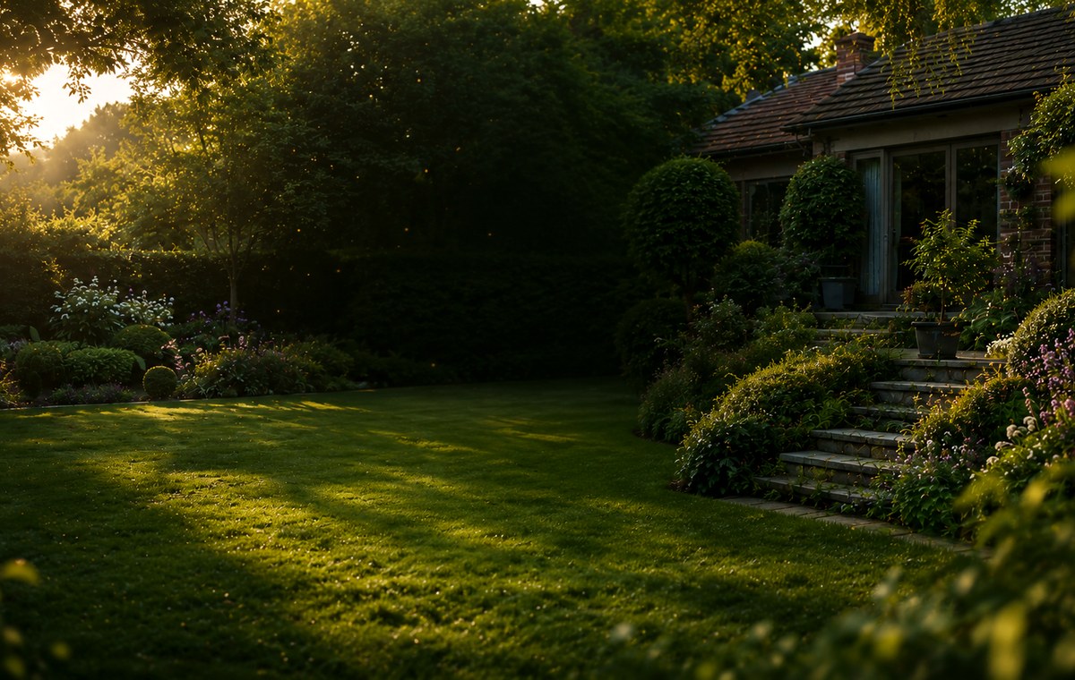 A carefully maintained garden with lawn, planting and warm evening light