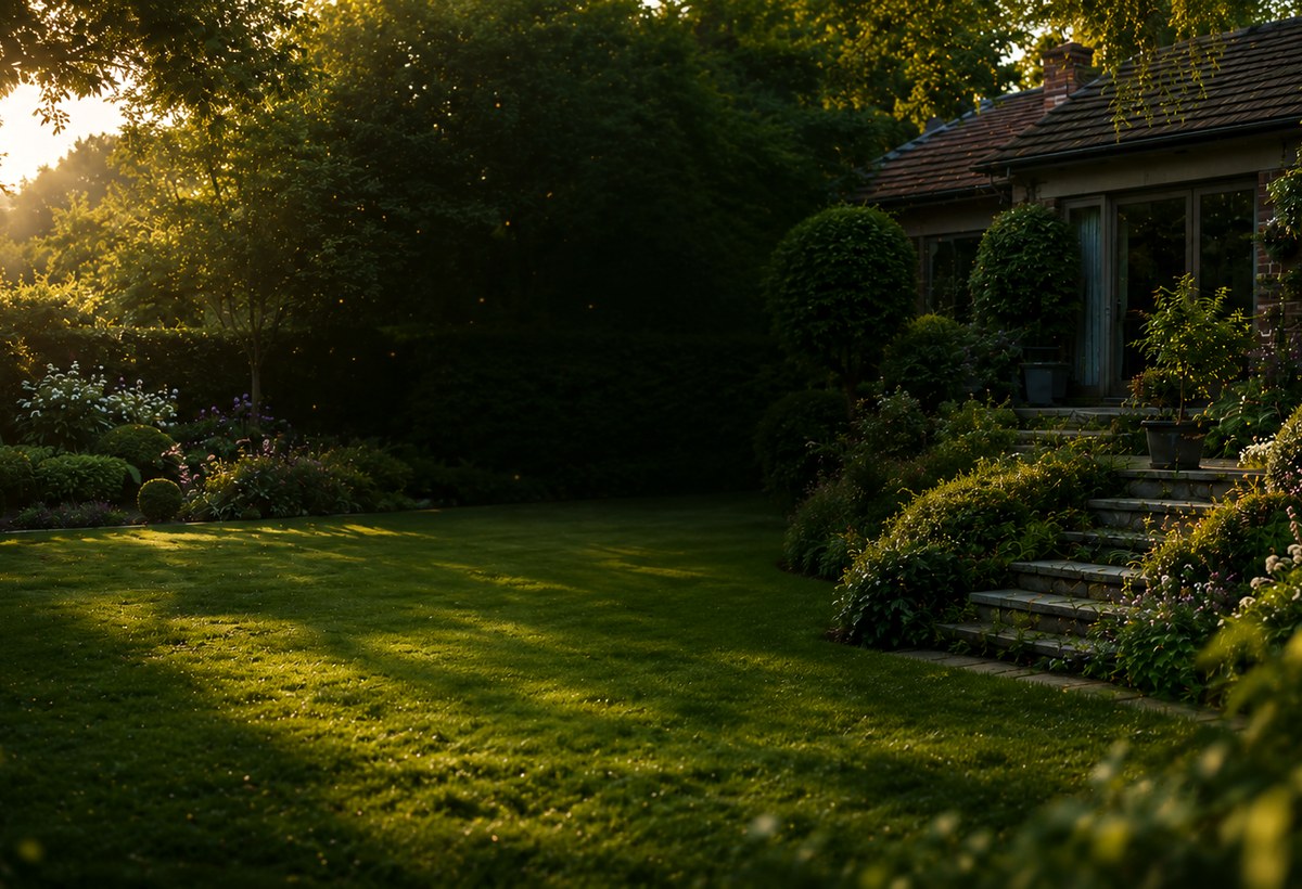 A neat lawn and mature planting maintained for regular visits